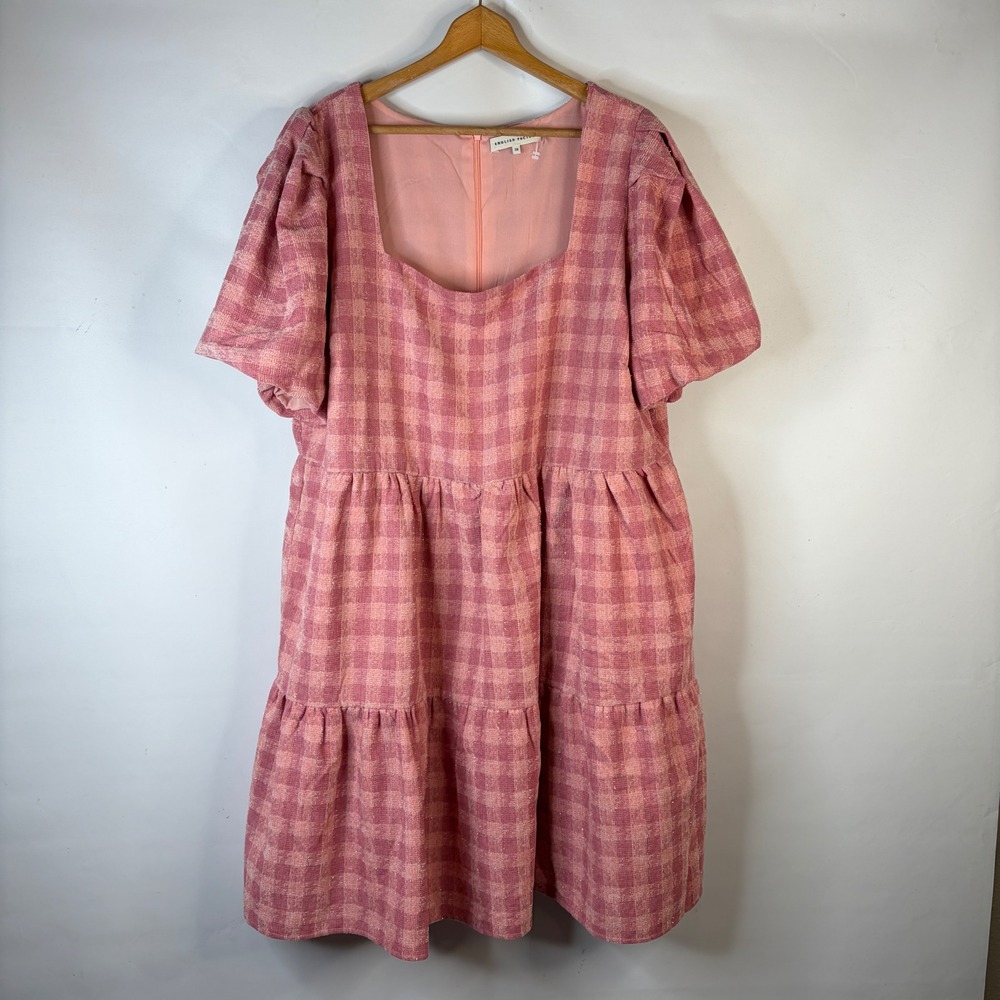 English Factory Dress Women 3X Pink Gingham Puff Sleeve Tiered Babydoll Pockets